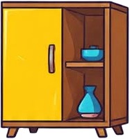 a yellow cabinet with a blue vase on top.jpg